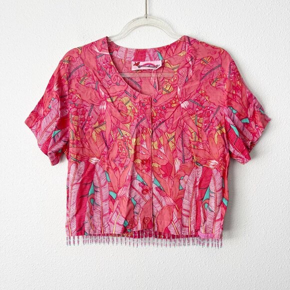 Rainbow Jo Hawaii Womens Medium Pink Banana Leaf Tropical Bead Tassel Crop Top - Picture 1 of 6